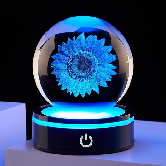 3D Crystal Ball Statue with LED Color Changing Base, Suitable for Daughters, sons, Mothers, Girlfriends, Birthdays, Friends, Colleagues, Wives' Gifts, Love Sunflower Ornaments and Decorations