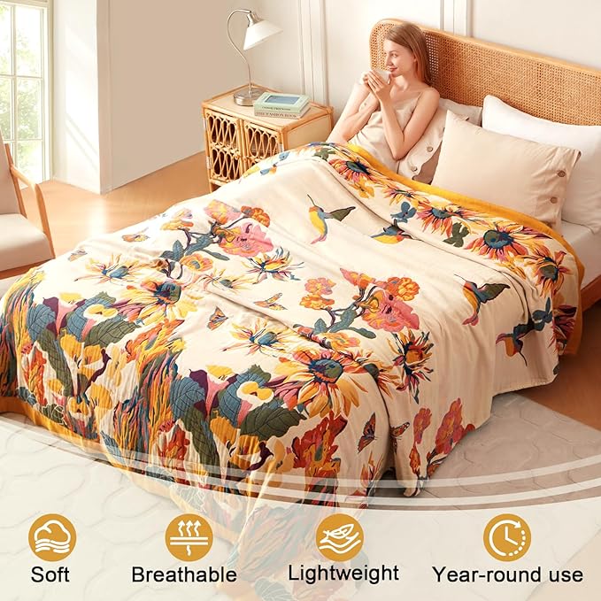 Boho Throw Blanket for Bed 90"x90", 100% Soft Cotton Bohemian Blankets with Rustic Floral Printed Decor, Fall Throw Blanket for Couch Cozy Breathable Queen Size All Season