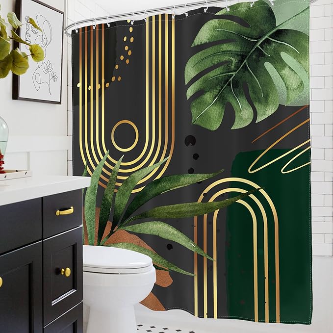 Glawry Dark Green Boho Shower Curtain Abstract Retro Mid Century Bathroom Minimalist Tropical Modern 72Wx72L Inches Bath Accessories Art Home Decor Fabric 12 Pack Hook