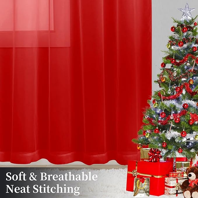 Sheer Curtains 84 Inches Long 2 Panels, Rod Pocket Short Curtain for Kitchen, Bedroom, Cafe Window(Red 38" W x 84" L)