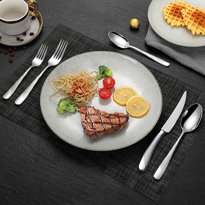 Lemeya 20-Piece Hammered Silverware Set for 4 with Serrated Forging Knives,18/10 Stainless Steel Modern Flatware Set,Unique Cutlery Set Spoons and Forks Set,Mirror Polished,Dishwasher Safe