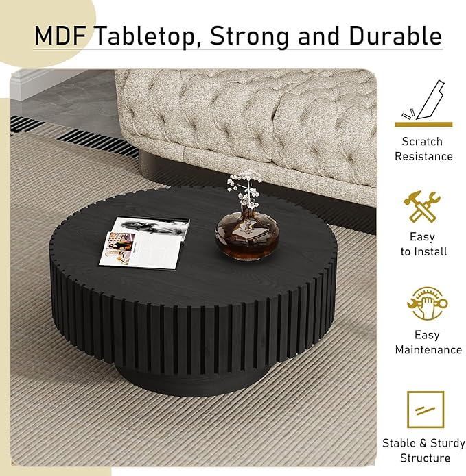 Round Fluted Coffee Table Mid Century Modern Coffee Tables with Handcrafted Relief Circle Drum End Table Rustic Industrial Center Tables for Apartment Living Room (Black Round)