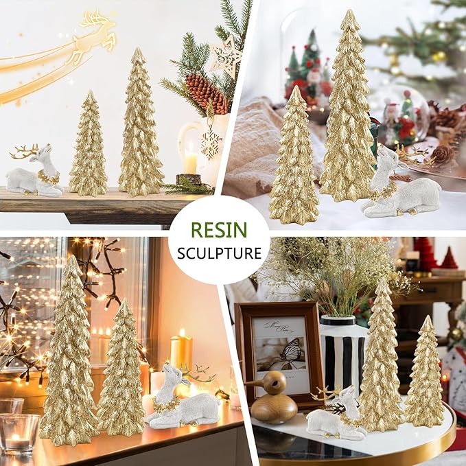 3 Pack Christmas Trees and Reindeer Figurines Decoration- 2 Glittered Christmas Tree Statues and 1 Deer Vintage Christmas Decor Set, Resin Ornaments Tabletop Shelf Office Display Stand Indoor(Gold)