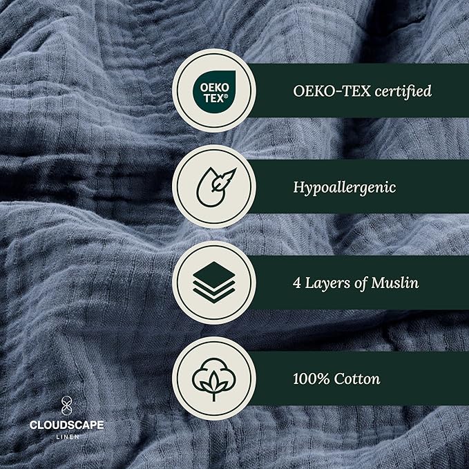 Cloud Scape Linen Extra Large 4 Layer Muslin Throw Blanket - 100% Cotton Gauze, Lightweight & Breathable All Season, Pre-Washed, for Couch & Bed, 50x70, Ensign Blue