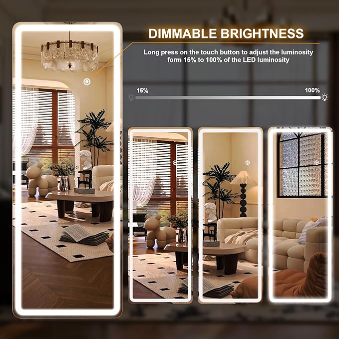 21"x56" Rectangular Full Length Mirror with LED Lights, Standing or Wall-Mounted Full Body Mirror with Stand, Dimmable 3-Color Lighted Floor Mirror for Bedroom, Dressing Room, Cloakroom