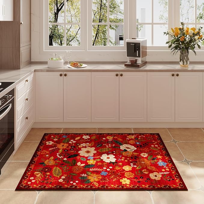 Rugcomf Door Mat Indoor Entrance 2x3 Rug Machine Washable Boho Floral Small Area Rug Non-Slip Low Pile Throw Rugs for Entryway, Kitchen, Front Door Indoor Entrance, Entry, Kids Room (Red)