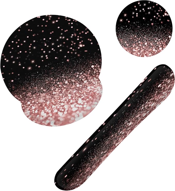Rose Gold Glitter Mouse Pad with Wrist Rest and Keyboard Wrist Rest Set, Non-Slip Rubber Base Memory Foam Mouse Pad Set for Women, Office Desk Accessories, Gaming