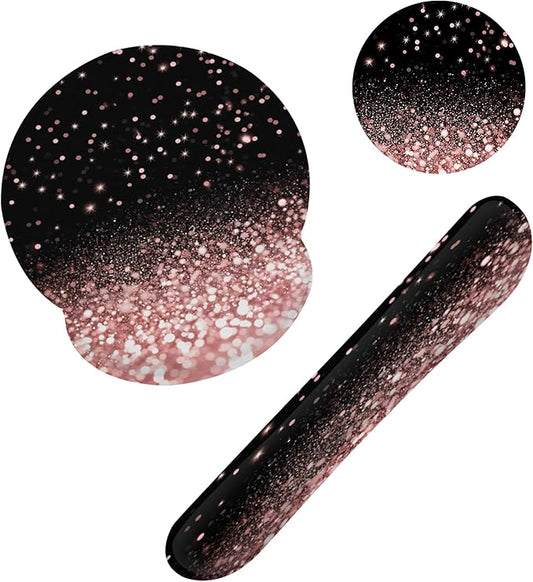 Rose Gold Glitter Mouse Pad with Wrist Rest and Keyboard Wrist Rest Set, Non-Slip Rubber Base Memory Foam Mouse Pad Set for Women, Office Desk Accessories, Gaming