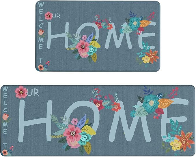 GENIMO Anti Fatigue Kitchen Mats for Floor, Non Slip Washable Home Theme Rugs Sets of 2, Farmhouse Cushioned Waterproof Comfort Runner Rug for Kitchen, Sink, Desk, Laundry, 17"x 47"+17"x 30", Blue