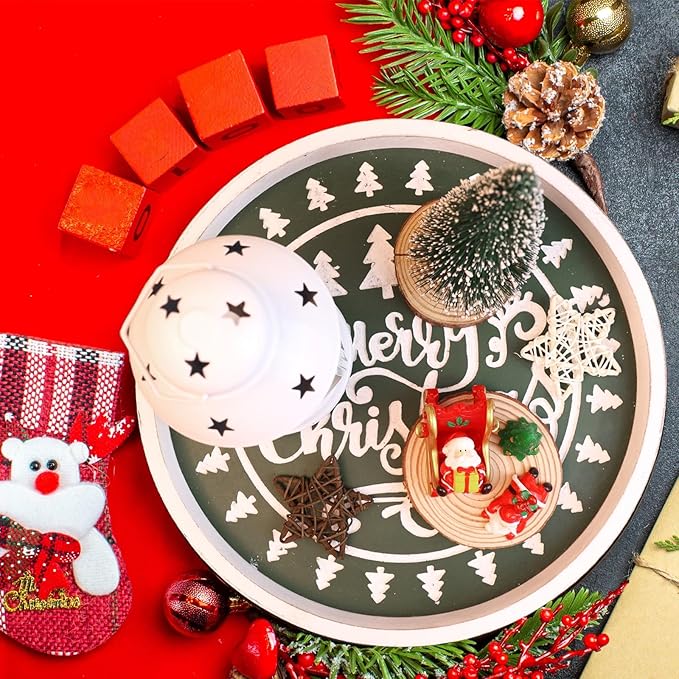 Christmas Wood Decorative Ottoman Tray for Coffee Table Kitchen Counter, Living Room, Round Handcrafted Green Wooden Serving Tray for Table Centerpiece