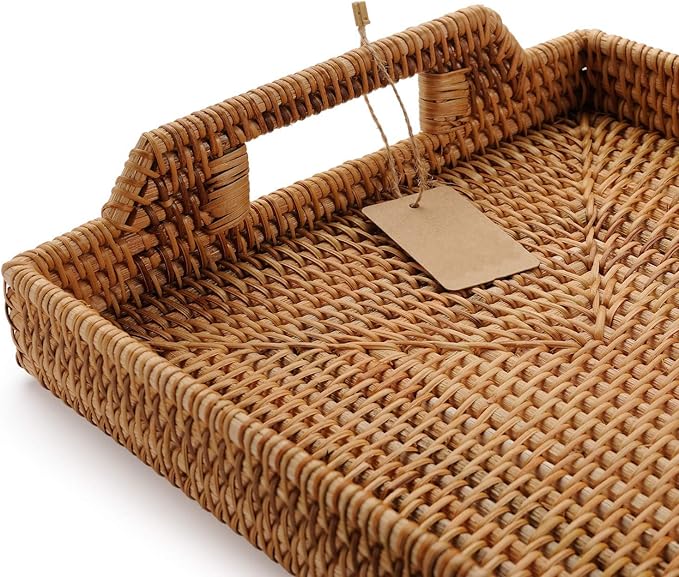 Hand-Woven Rattan Rectangular Serving Tray with Handles for Breakfast, Drinks, Snack for Coffee Table (14.5x10.2x1.4inches)