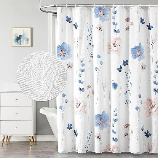 QiyI Extra Long Shower Curtain 72 x 84, Watercolor Floral Bath Curtain, 3D Embossed Butterflies Blue Flower Cloth Bathroom Curtains, Waterproof Fabric Farmhouse Textured Shower Curtain Set with Hooks