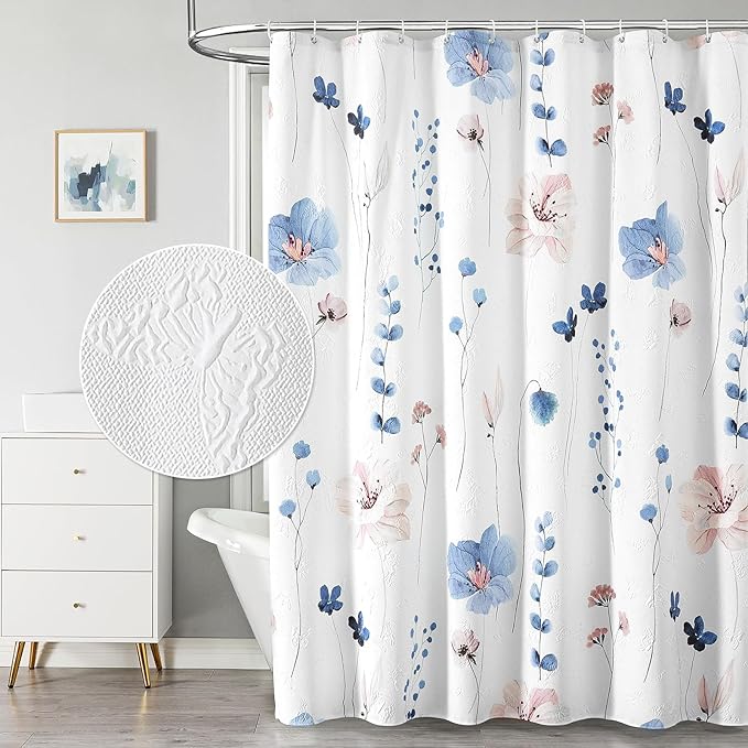 QIYI Long Shower Curtain 72 x 78, Modern Watercolor Floral Bath Curtain, 3D Embossed Butterflies Blue Flower Cloth Bathroom Curtains, Waterproof Fabric Farmhouse Textured Shower Curtain Set with Hooks