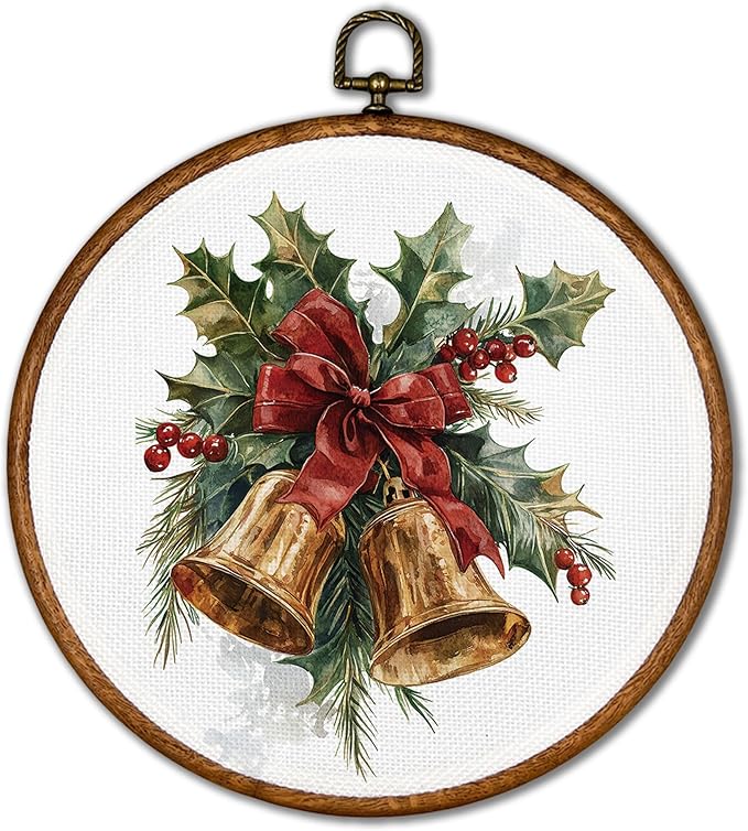 KSDUT Christmas Wall Decor Art - Vintage Xmas Holiday Wall Art Canvas Frame Hanging Prints, Retro Bell Bow Round Wall Art Decor for Home Farmhouse Decorations 10"x10"