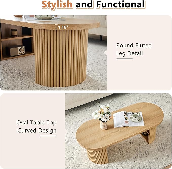 AVZEAR Fluted Oval Coffee Table with Storage for Living Room, Boho Modern Coffee Table, Curved Round Wood Center Table for Home, Small Spaces, Office, Natural(47.24" x 19.69" x 15.74")
