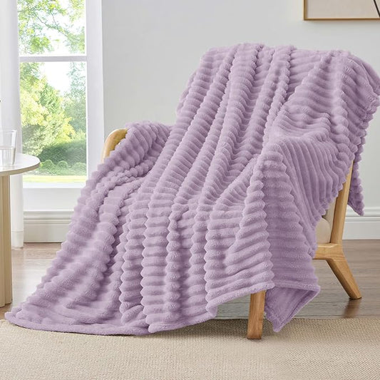 BEDELITE Twin Blanket for Couch & Bed, 300GSM Soft & Warm Fleece Blanket, Decorative and Giftable Striped Lilac Blankets for Women, Men, 60"x80"