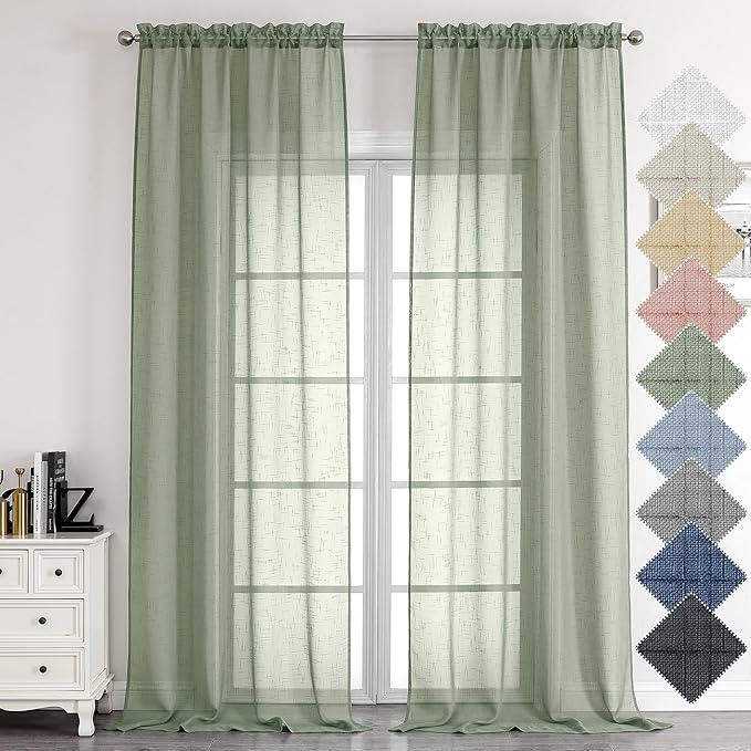 Aiyufeng Kirei Long Sage Green Sheer Curtains 96 Inch - Linen Look Privacy Sheer Curtains Window Treatment Drapes Farmhouse Decor for Bedroom Living Room Sliding Glass Door, 40Wx96L, 2 Panels