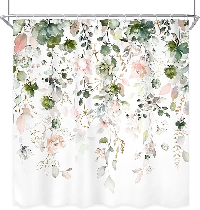 Green Pink Floral Flower Shower Curtain 72Wx72L Inch Spring Summer Rustic Eucalyptus Leaves Pastel Wildflower Plant Botanical Pretty Bathroom Set Bath Curtain Bathtub Accessories Home Decor