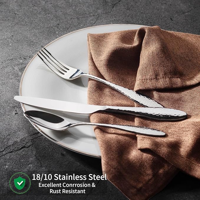 Alata Emma 60-Piece 18/10 Silverware Set, Hammered Flatware Set, Heavy Duty Stainless Steel Cutlery Set, Modern Kitchen Utensils, Dinnerware Sets Service for 12, Mirror Polished & Dishwasher Safe