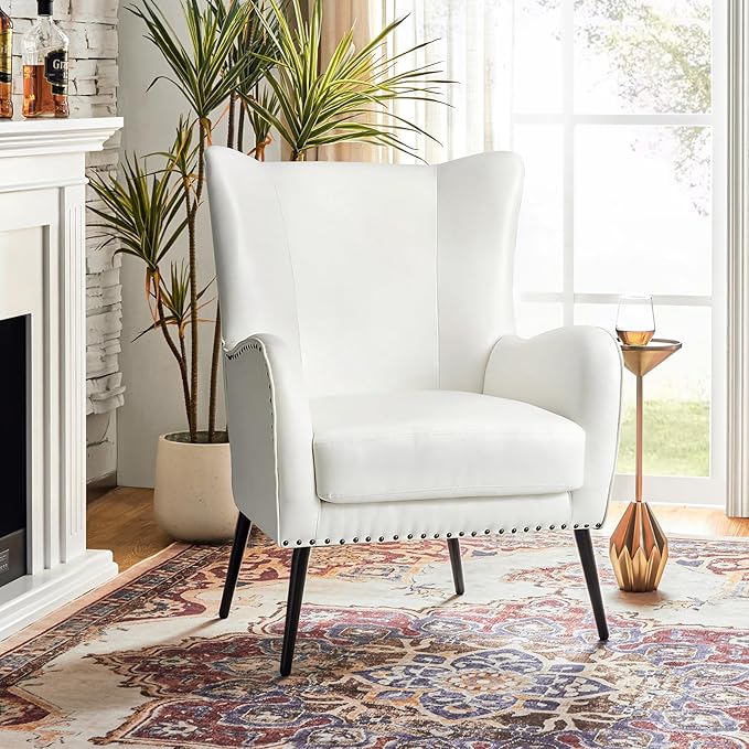 HULALA Home Faux Leather Accent Chair w/Removable Cushion, Comfy Upholstered Armchair with Black Metal Legs & Nailhead Trim Wingback Vanity Chair Desk Chair for Reading Living Room Bedroom, Ivory