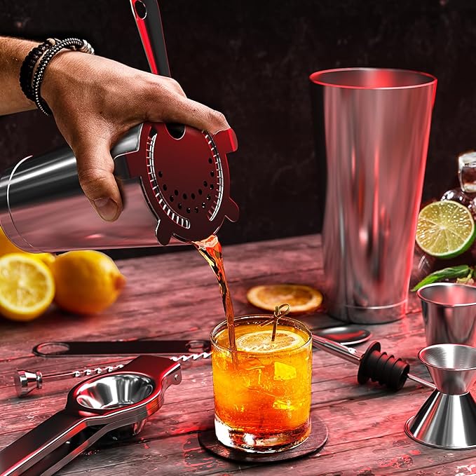 Bar Set Cocktail Shaker Set Bartender Kit, 17 Piece Silver Cocktail Set, Mixology Bartender Kit with Wood Stand, Steel Cocktail Kit, Bar Accessories: 30oz Martini Shaker, Muddler, Cocktail Book & More
