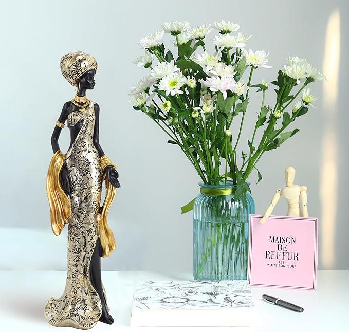 African Woman Resin Figurine – Golden Gown Tribal Sculpture with Headwrap & Jewelry, Elegant Handmade Figurine for Shelf, Mantel, Living Room or Office Decor
