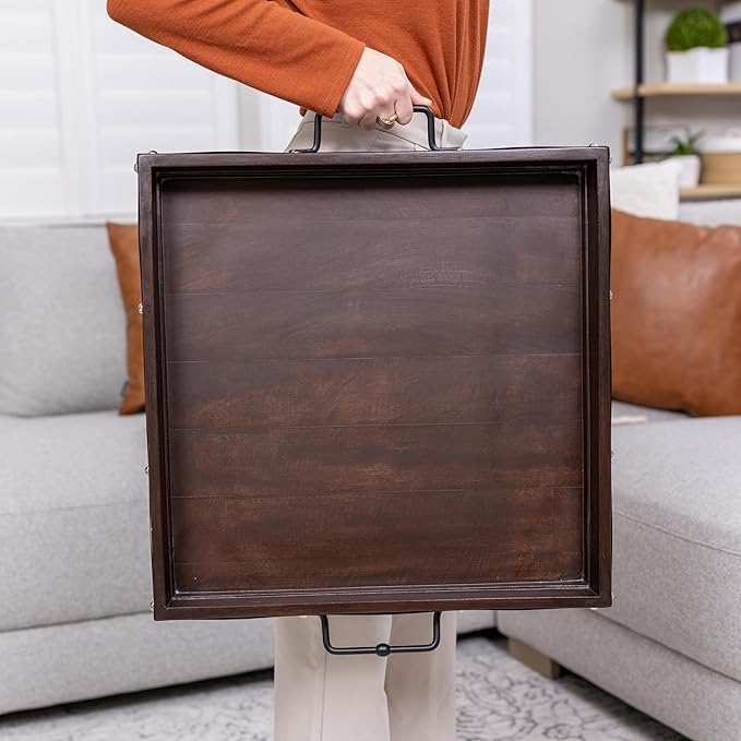 20"x20" Extra Large Square Ottoman Tray, Heavy Duty Mango Wood, for Serving Tea, Breakfast in Bed, Living Room Large Coffee Table Tray Rustic with Farmhouse Style, Decorative Handles and Accent Strap