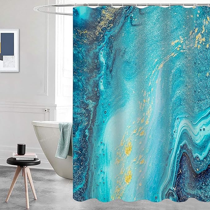 Domoku Blue Gold Marble Shower Curtain,Blue Golden Cracked Lines Abstract Modern Shower Curtain for Bathroom Decor,Waterproof Texture Washable Fabric Shower Curtain,72 X 78