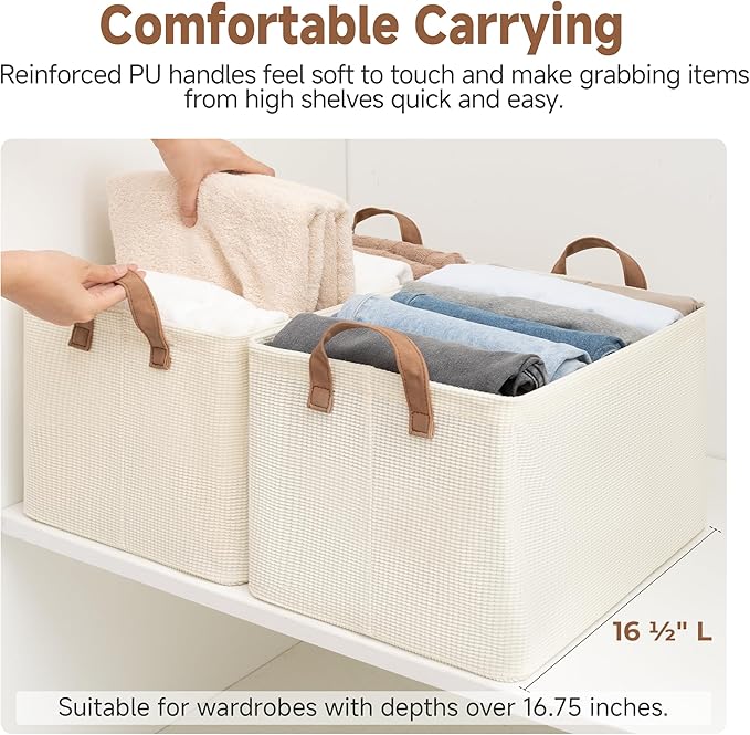 StorageWorks Storage Bins, Shelves Baskets for Organizing, Large Fabric Closet Organizers with Handles, Metal Frame, Beige（Texture）, 2-Pack