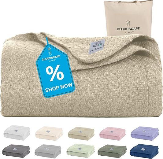 Cloud Scape Linen Herringbone Cotton Throw Blanket for Couch, Bed,Sofa, Home Decor, Soft, Lightweight, All-Season Bed Blanket, 50 x 70,Beige Fog