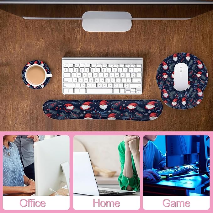 Christmas Santa Claus Berries Keyboard Wrist Rest Pad and Mouse Pad Wrist Support Set,3-in-1 Ergonomic Mouse Pad with Non-Slip Rubber Base for Home Office Game Computers Desk,