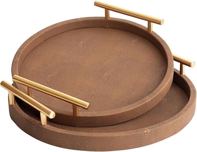 Set of 2 Round Shagreen Serving Tray, Modern Decorative Tray with Gold Polished Metal Handles, Coffee Table Ottoman Trays Perfume Trays Living Room Bathroom Home Decor (Brown)
