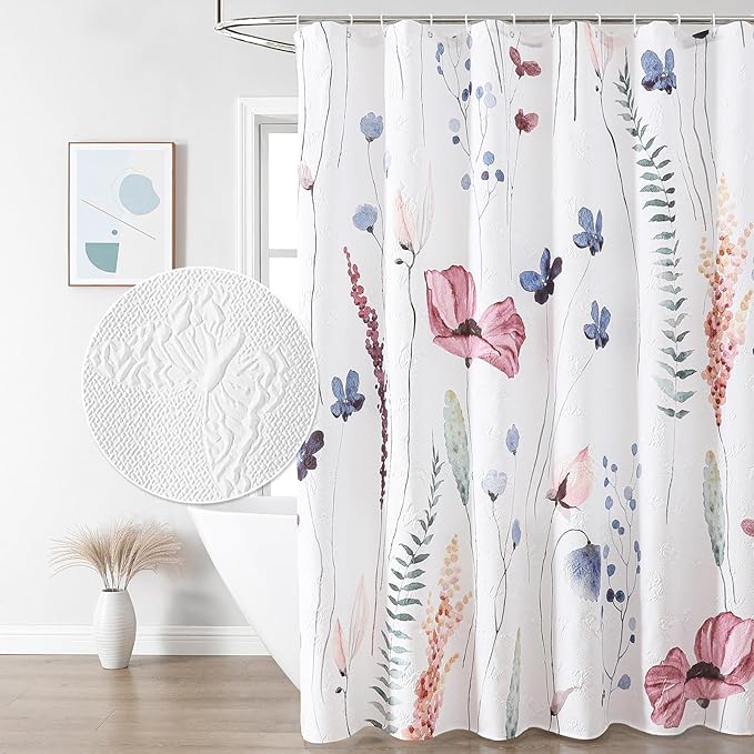 QiyI Spring Floral Shower Curtain, Watercolor Wildflowers Minimalist Bath Set, 3D Embossed Butterflies Botanical Flower Bathroom, Waterproof Fabric With Hooks, 72x72