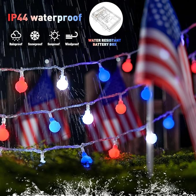 JMEXSUSS Red White and Blue Lights Battery Operated, 33ft 4th of July Lights Outdoor Waterproof, 100 LED String Light for Independence Day Memorial Patriotic Day Decor