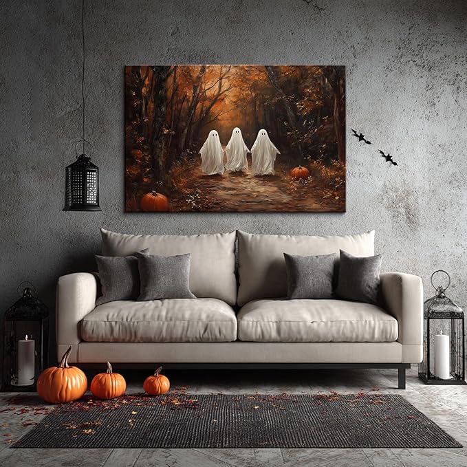 BANHUA1 Vintage Halloween Canvas Wall Art, Cute Ghosts in Haunted Forest Pictures Print, Funny Spooky Lighted Pumpkin Wall Decor for Home, Living Room, 18 x 12 Inch