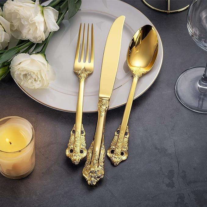 KEAWELL Luxury 20 Pieces 18/10 Stainless Steel Flatware set, Service for 4, silver plated with gold accents, Fine Silverware set and Dishwasher Safe (Gold)
