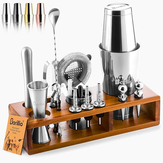 Barillio Bartender Kit – 23-Piece Stainless-Steel Cocktail Shaker Set with Premium Acacia Stand | Martini Barware Mixing Tools for Home Bartending | Gift Set