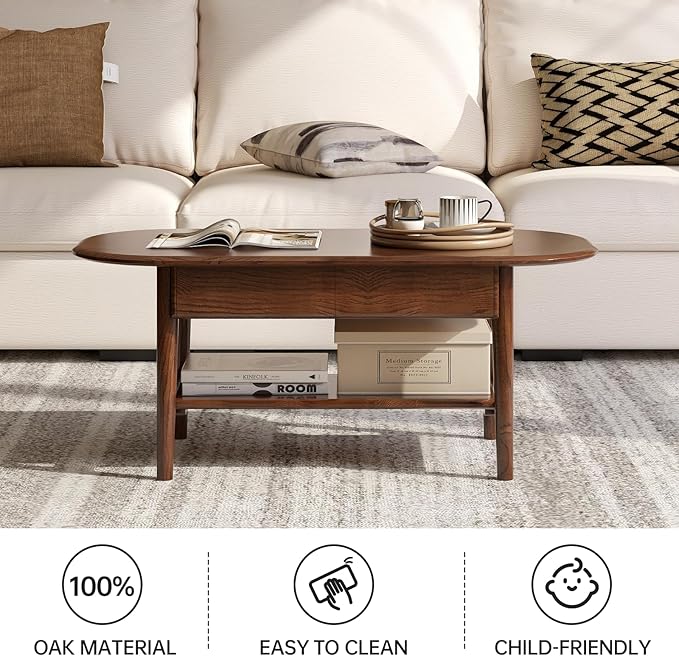 100% Solid Oak Wood Coffee Table for Living Room, 2-Tier Mid Century Modern Living Room Table with 2 Drawers & Open Shelf, Coffee Table with Rounded Corner for Home (Oak Walnut Finish, 39.37'' W)