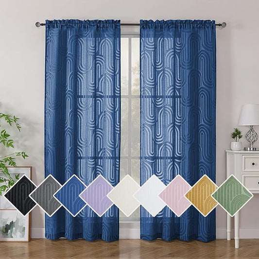Simplebrand Sheer Dusty Blue Curtains 72 Inches Long 2 Panels for Window, Geometric Mid Century Light Filtering Semi Sheer Curtains for Front Back Patio Glass Door with Rod Pocket, 42" Wx72 L