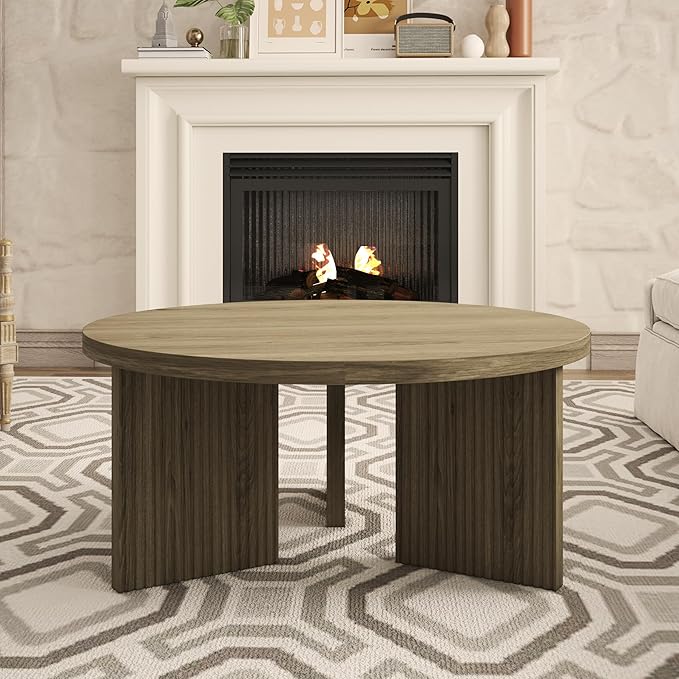 Wooden Round Coffee Table, 35" Coffee Table with Smooth Thick Mesa, Low Circle Center Table with X Shaped Stable Legs, Accent Tea Table for Living Room, Office, Walnut