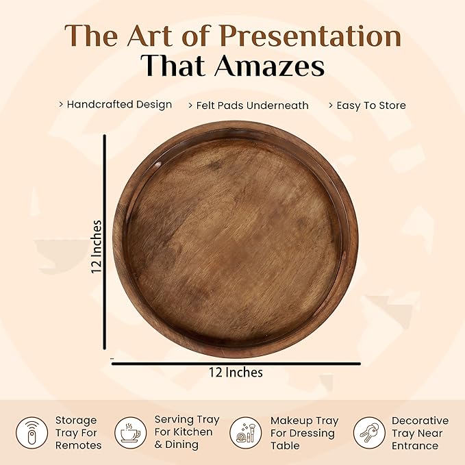 Round Wooden Tray - 12" Decorative Wood Serving Tray - Perfect for Breakfast, Lunch, Dinner, Appetizers, Patio, Ottoman, Coffee Table - Durable Living Room Couch Tray (Walnut) - ALPHA Living HOME