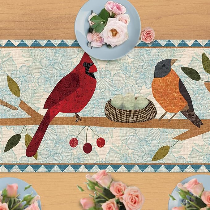 Seliem Spring Summer Birds Blue Table Runner, Cardinal Chickadee Bluebird Branch Red Berry Kitchen Dining Table Decor, Flower Nest Egg Burlap Home Decoration Indoor Outdoor Party Supply 13 x 72 Inches