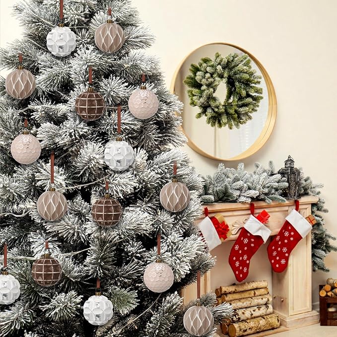 Syhood 24 Pcs Neutral Textured Christmas Ball Ornaments 2.4 Inch Vintage Xmas Tree Decorations Rustic Distressed Xmas Baubles Antique Farmhouse Modern Christmas Decor for Tree Home (Earth Tones)