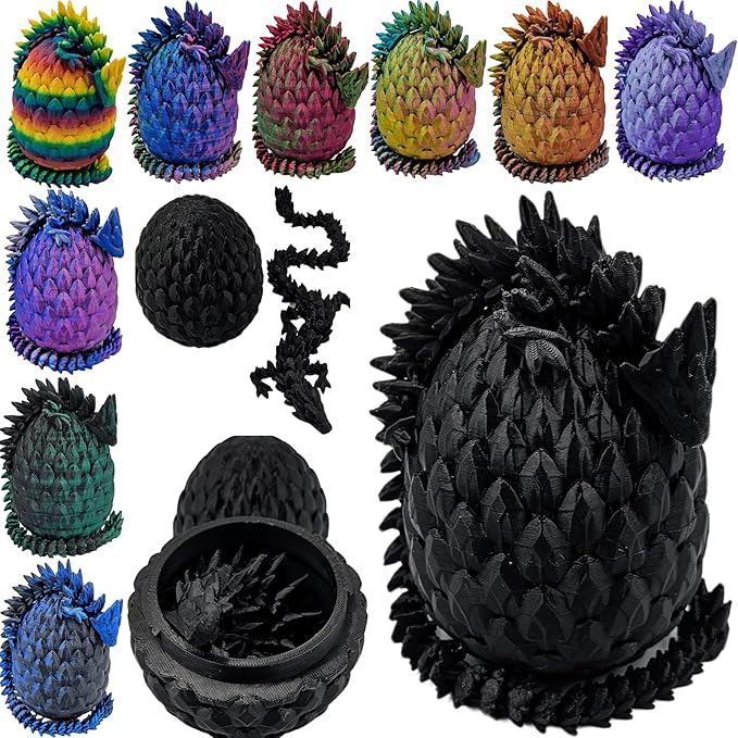 3D Printed Dragon Egg Articulating Gemstone Dragon Fidget Figurine - Vibrant Color Dragons Flexible ADHD, Autism and Anxiety Relief - Articulated Joints (Black)
