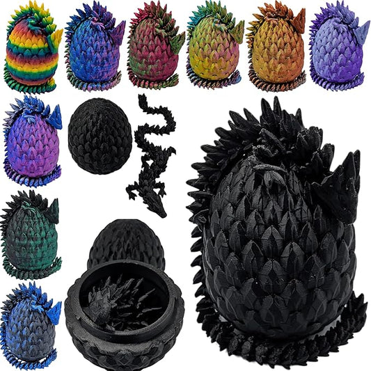 3D Printed Dragon Egg Articulating Gemstone Dragon Fidget Figurine - Vibrant Color Dragons Flexible ADHD, Autism and Anxiety Relief - Articulated Joints (Black)