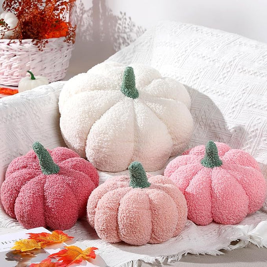 Kajaia 4 Pcs Fall Decor Pumpkin Throw Pillow Fall Pillow 11 Inches 7 Inches 3D Cushion Thanksgiving Sherpa Plush Fluffy Stuffed for Autumn Halloween Christmas Home Sofa(White, Pink Series)