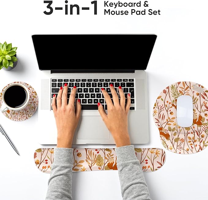 Ergonomic Keyboard Mouse Pad Wrist Rest Support Set for Laptop/Computer/Desktop,Memory Foam Hand Rest Wrist Cushion for Gaming/Office,Lightweight Comfortable & Pain Relief (Rabbit Squirrel)