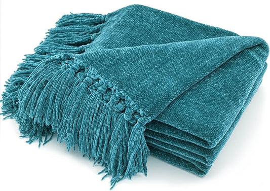 RECYCO Throw Blanket Soft Cozy Chenille Throw Blanket with Fringe Tassel for Couch Sofa Chair Bed Living Room (Teal, 60'' x 80'')