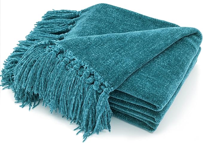 RECYCO Throw Blanket Soft Cozy Chenille Throw Blanket with Fringe Tassel for Couch Sofa Chair Bed Living Room (Teal, 50'' x 60'')