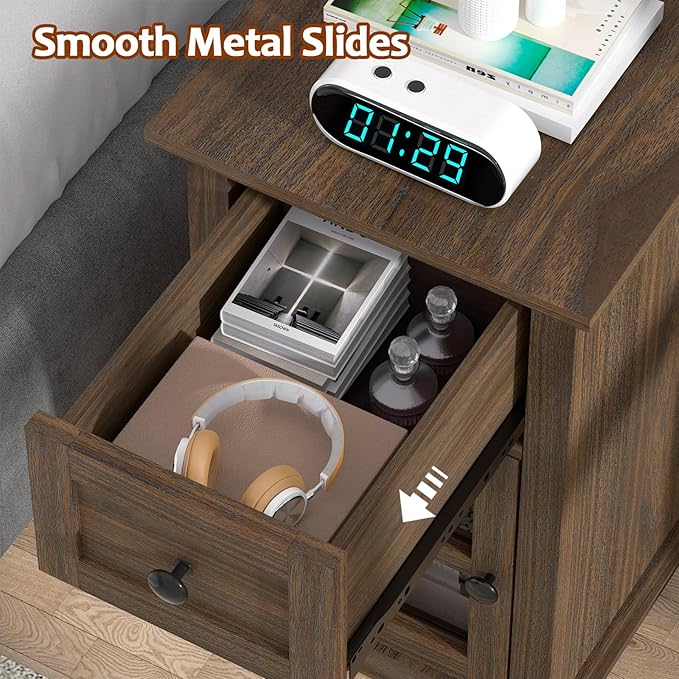 HIFYOBRO End Table with 1 Drawer, Storage Side Table with Flip Top Charging Station, Type-C & USB Port & Power outlets, Wooden Storage Cabinet for Bedroom/Living Room